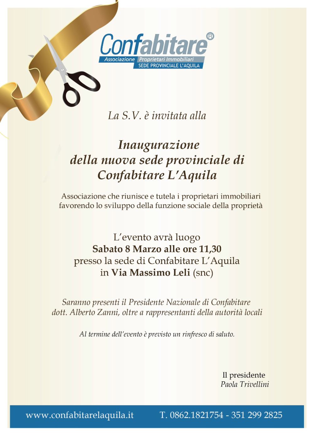 Sabato 8 marzo inaugurazione della nuova sede provinciale di Confabitare L’Aquila