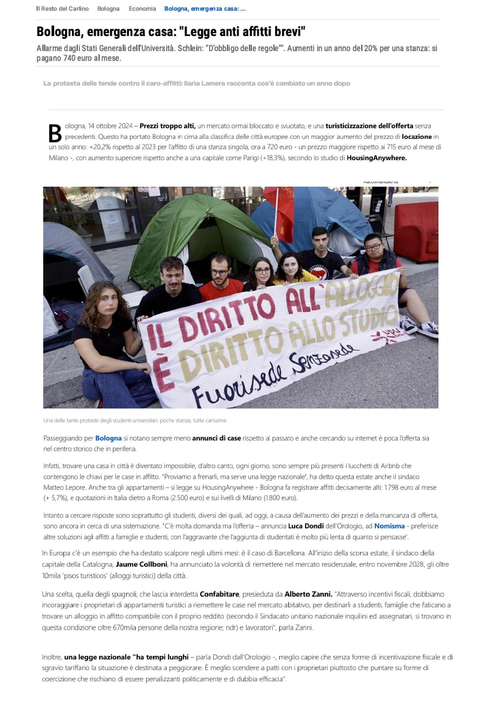 Bologna, emergenzza casa: “Legge anti affitti brevi”